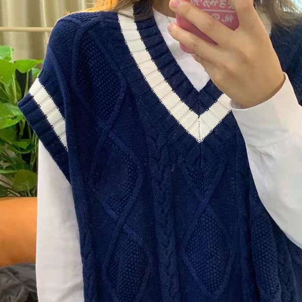 Sweater Vest Women Blue Spring Autumn BF Style V-Neck Patchwork Sleeveless Streetwear Loose-fitting Retro Knitted Design College alx