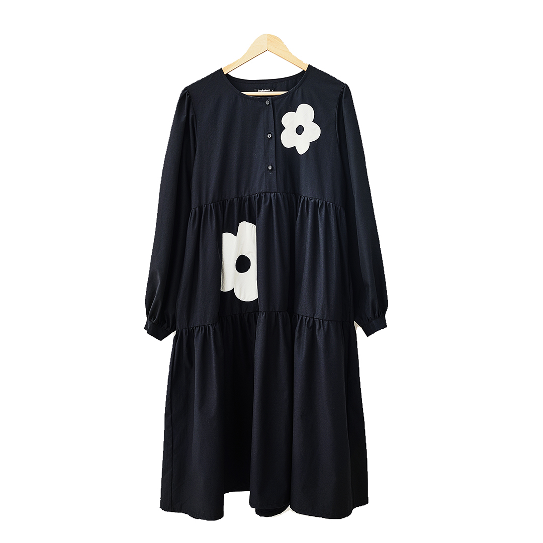 [imakokoni black] original autumn new sweet and loose cover belly slimming flower dress long sleeve 223674 alx