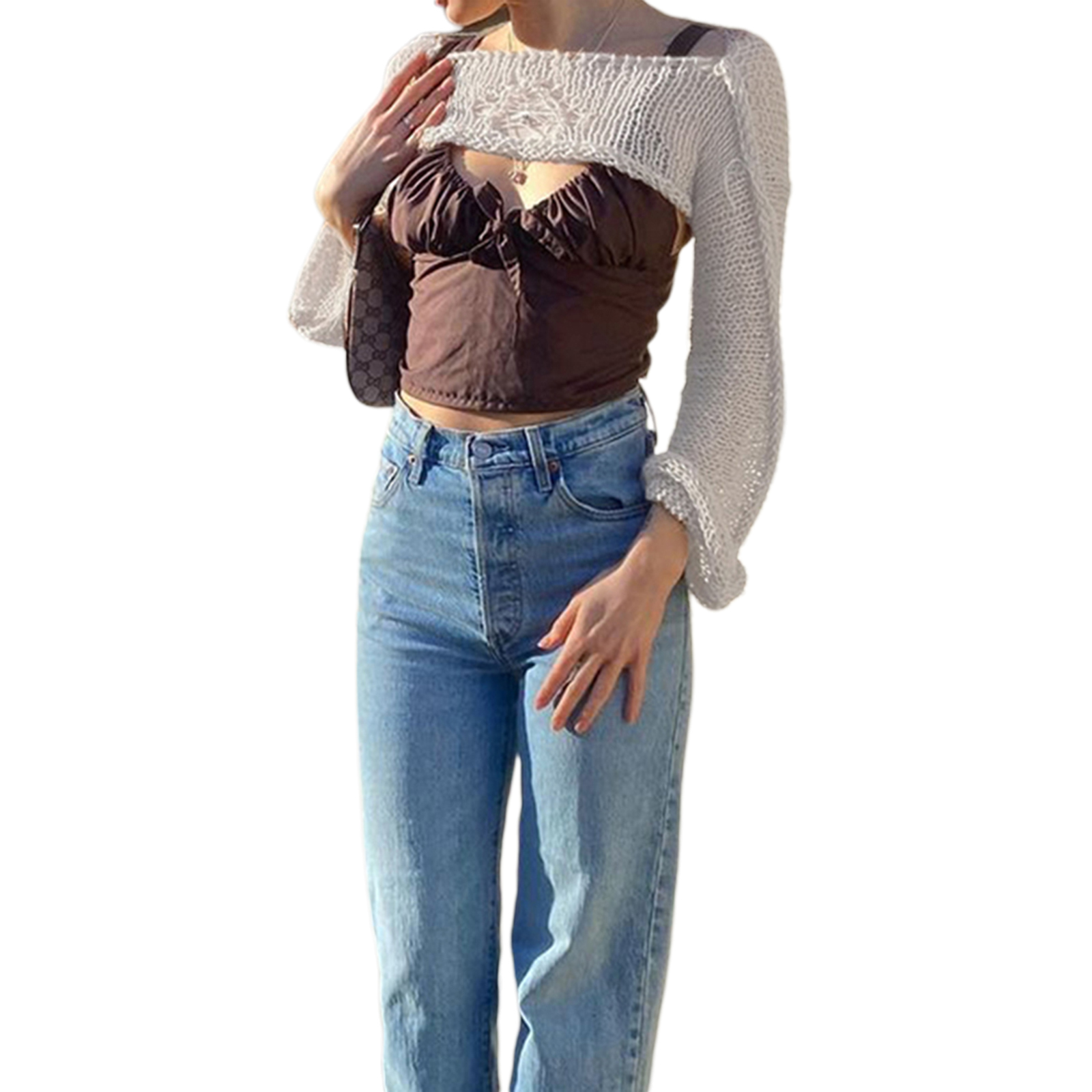 Women Crochet Shrug Crop Sweater Long Sleeve Solid Color Square Neck Bolero Shrug Knitted Bustier Shirt Streetwear alx