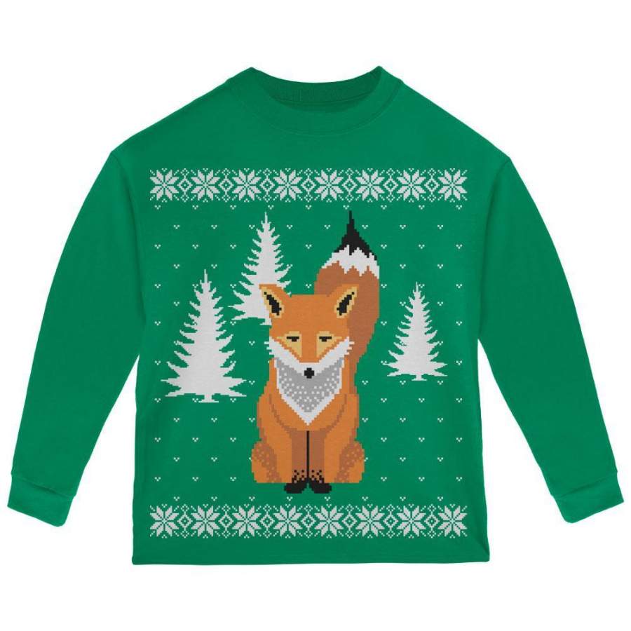 Big Fox Ugly Christmas Sweater Green Toddler Long Sleeve T-Shirt