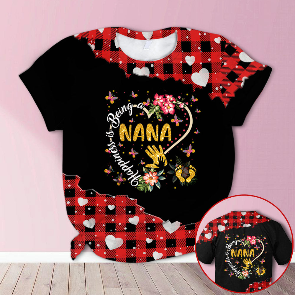 Personalized Happiness Is Being Nana Glitter And Blink Red Plaid All Over Print Shirts, 3D Hoodie, Sweatshirt, Shirt And Polo For Grandma Hn98 Do99