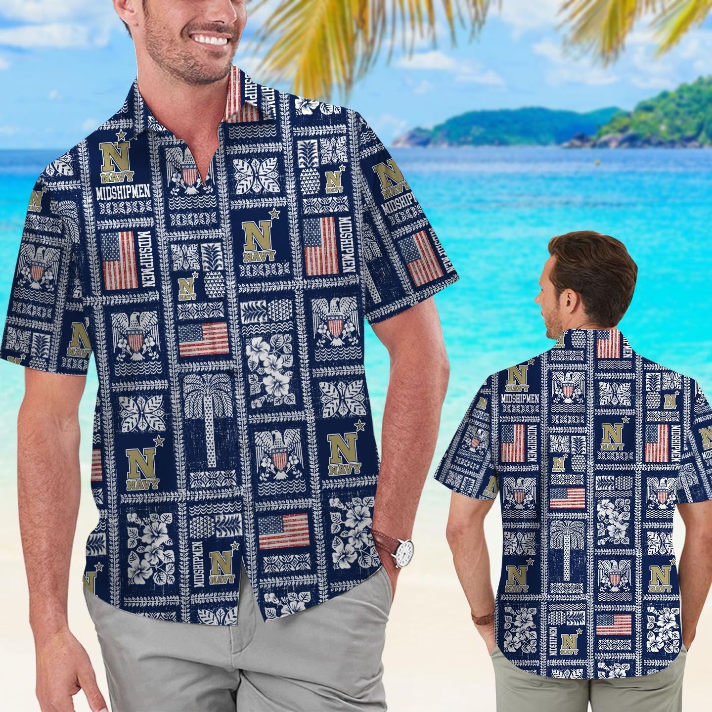 Navy Midshipmen Summer Commemorative Short Sleeve Button Up Tropical Hawaiian Shirts