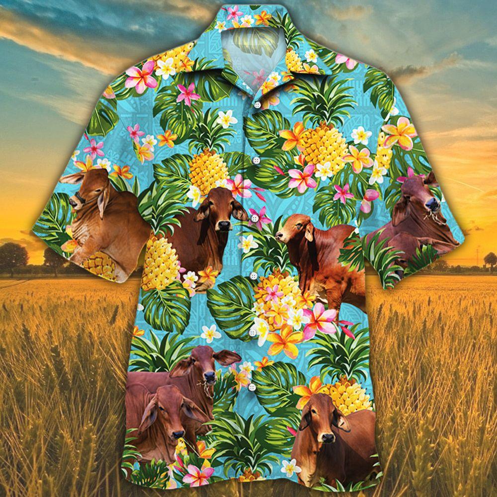 Red Brahman Cattle Lovers Pineapple Hawaii Cow Hawaii Shirt For Men Women Ha6122