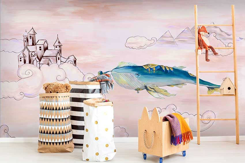 3D Pink Castle Blue Whale Wall Mural Wallpaper 01