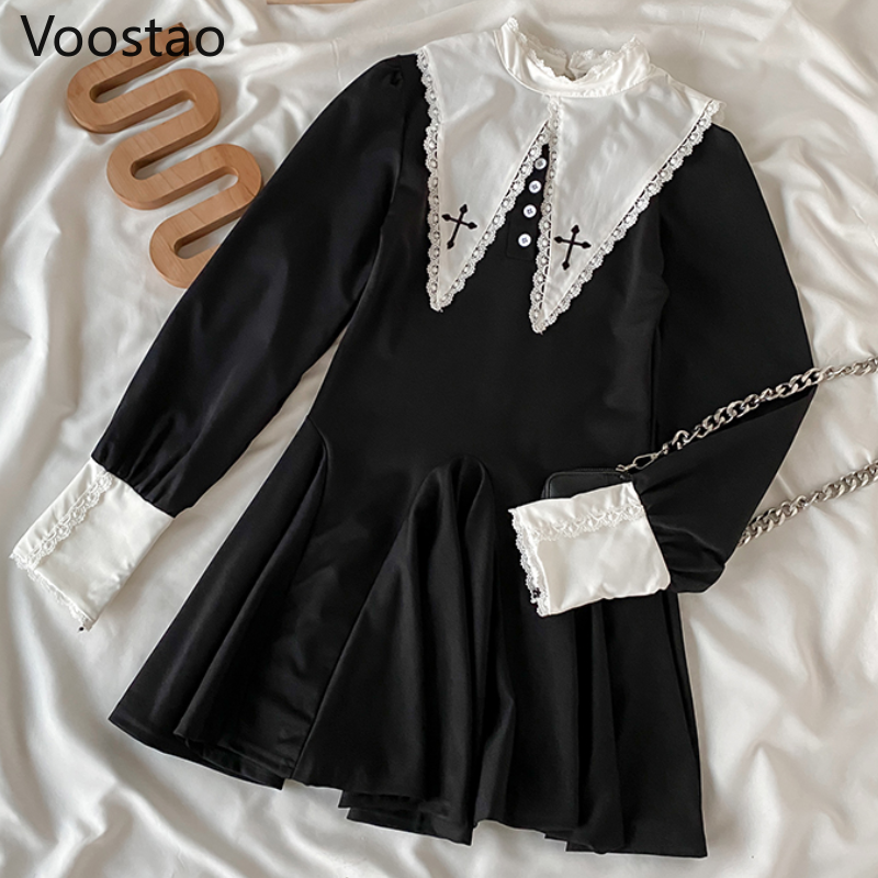 Spring Autumn Gothic Chic Party Mini Dress Girly Harajuku Y2K Lace Patchwork Punk Dress Women Vintage Cross Embroidery Dresses alx