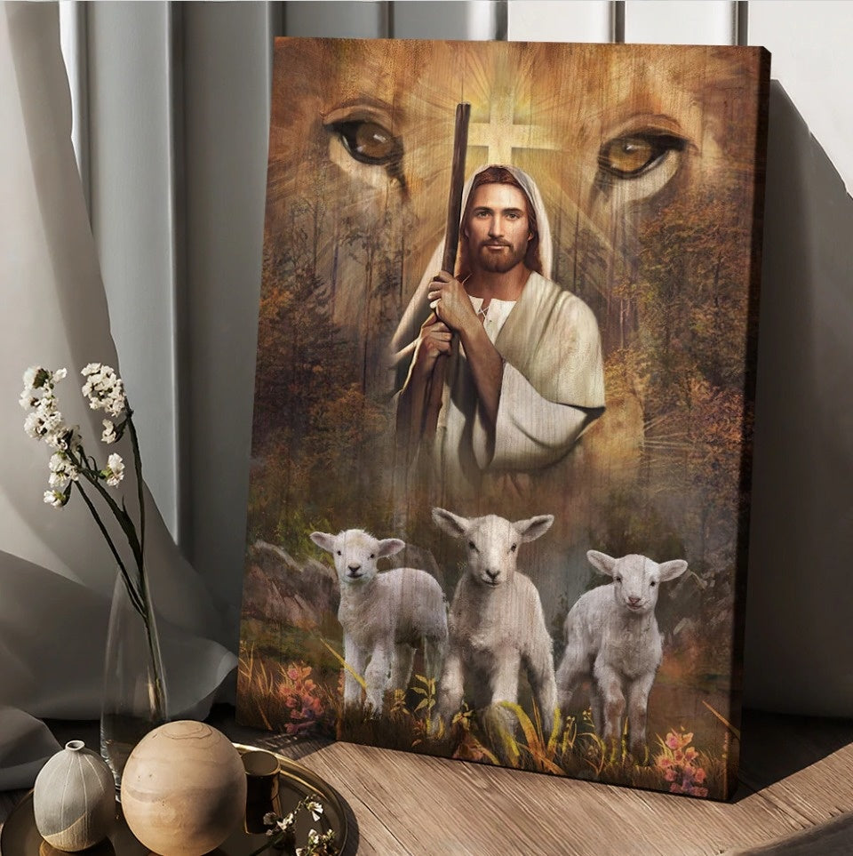 Amazing Jesus Painting White Lamb Lion’S Eyes Walking With Jesus – Matte Canvas