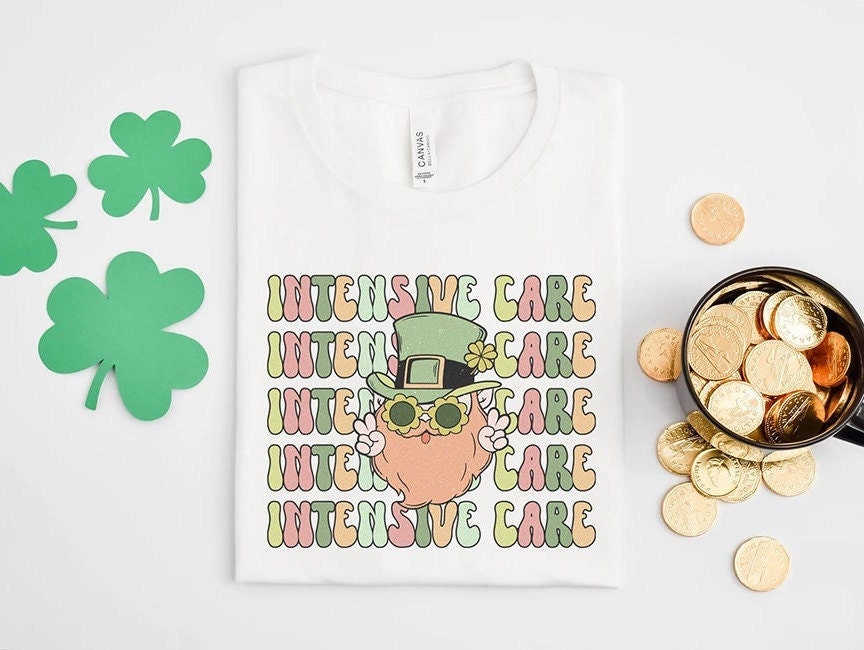 Retro ICU St Patrick’s Day T-Shirt, Funny Intensive Care Unit Nurse Rn Tech Saint Patty’s Shirt, Micu Sicu Cvicu Tech Leprechaun Tshirt Gift