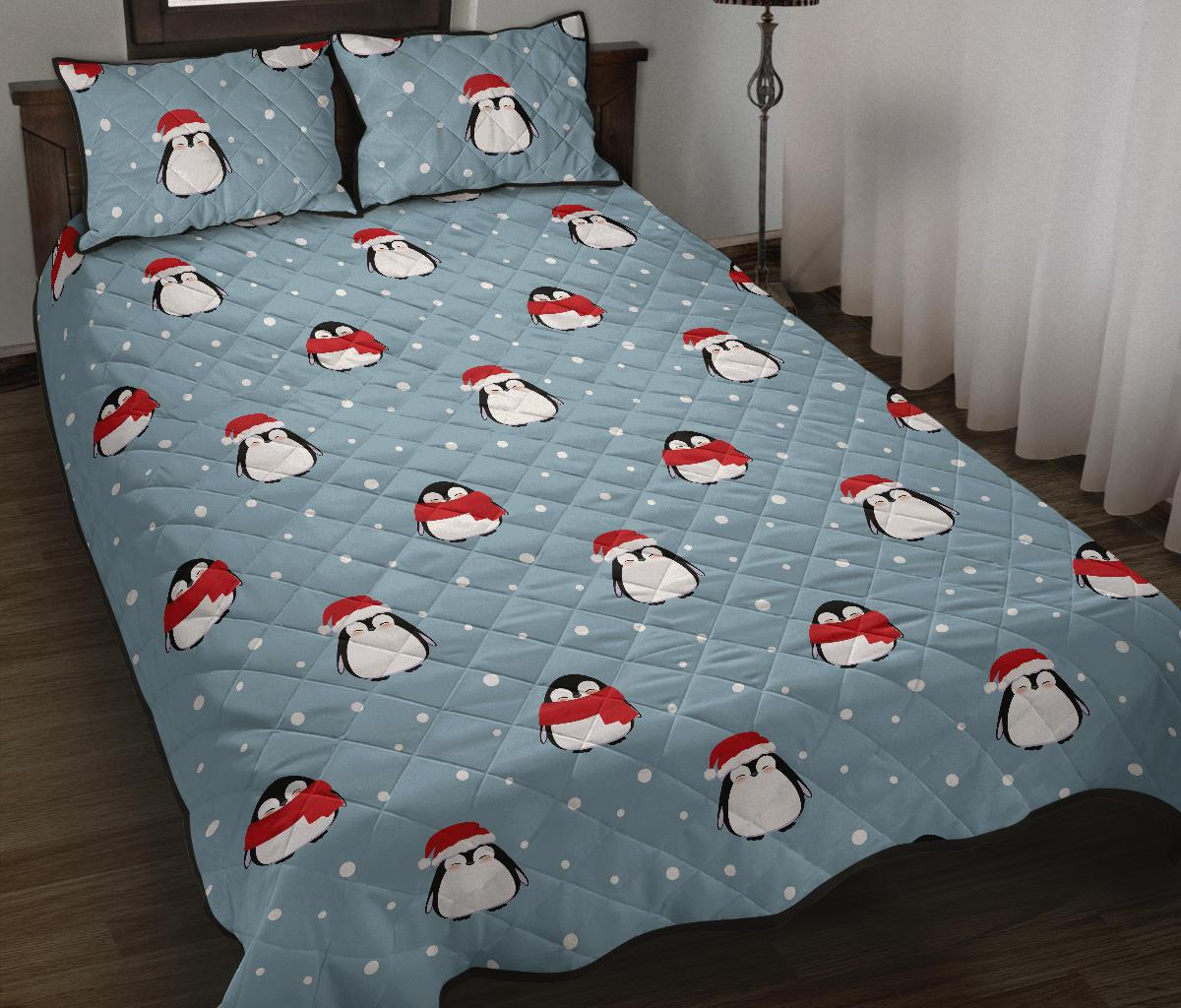 Cute penguin christmas snow pattern Quilt Bed Set