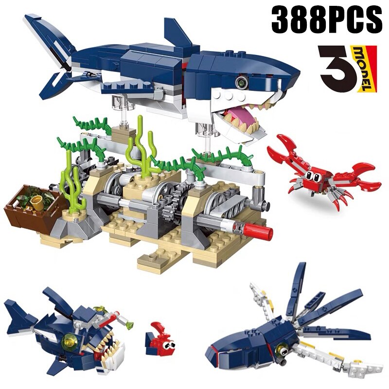 Creator 3 in 1 Deep Sea Creature Shark Building Blocks City Squid Angler Fish Model Bricks Toy For Children Birthday Gift MOC alx