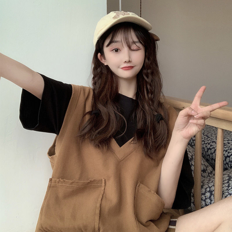 Vests Women Sleeveless Retro Causal V-neck Solid Summer Lovely Girls Ulzzang Pockets Korean Preppy Style Student Outerwear Basic alx