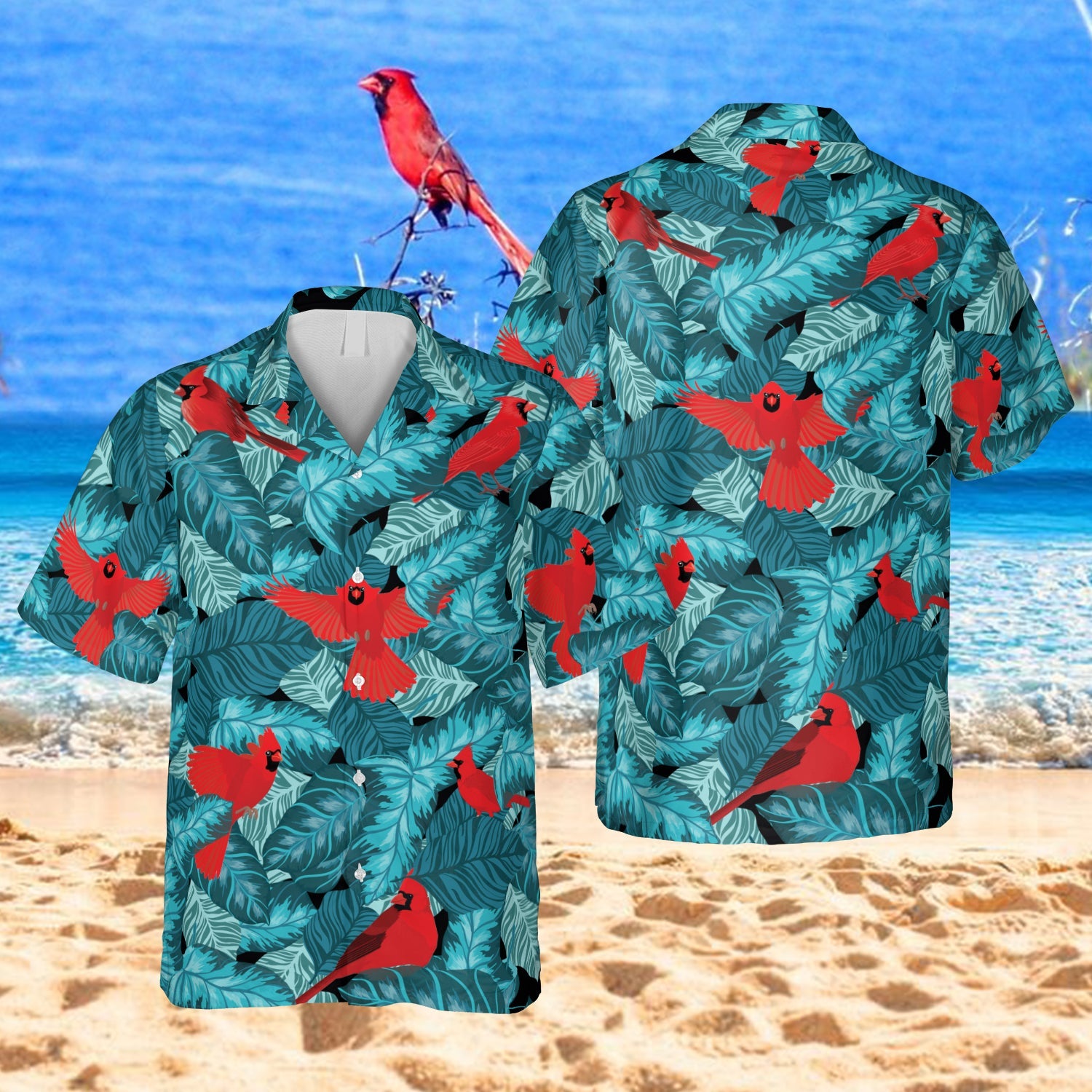 Red Cardinal Blue Hawaiian Summer Outfit For Men Ha61994