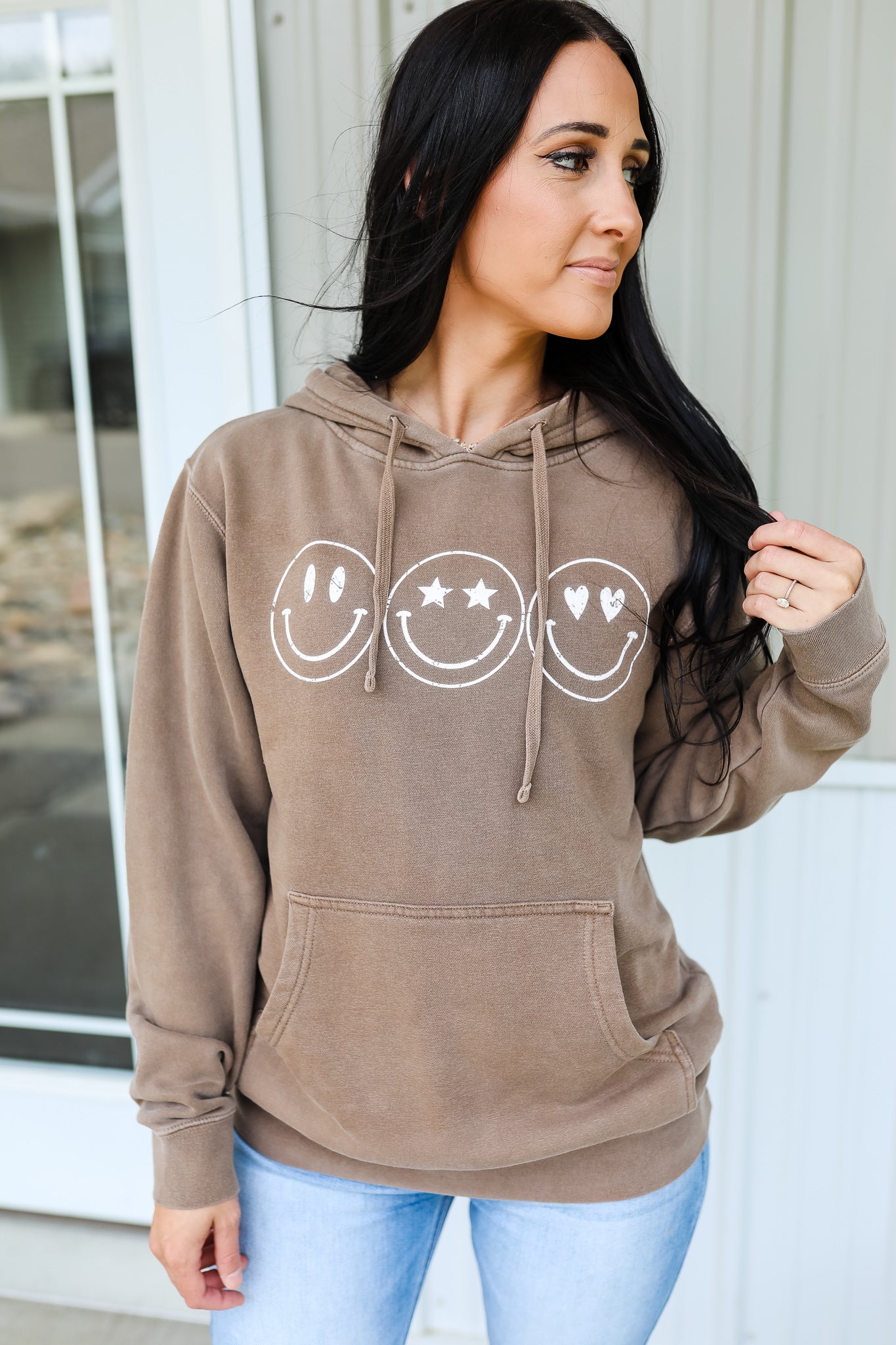 Three Happy Faces Hooded Sweatshirt – Pigment Clay