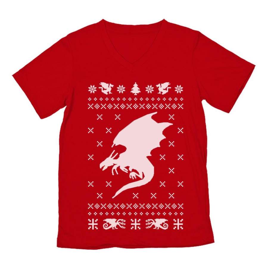 Big White Dragon Ugly Christmas Sweater Xmas Apparel V-Neck T-Shirt