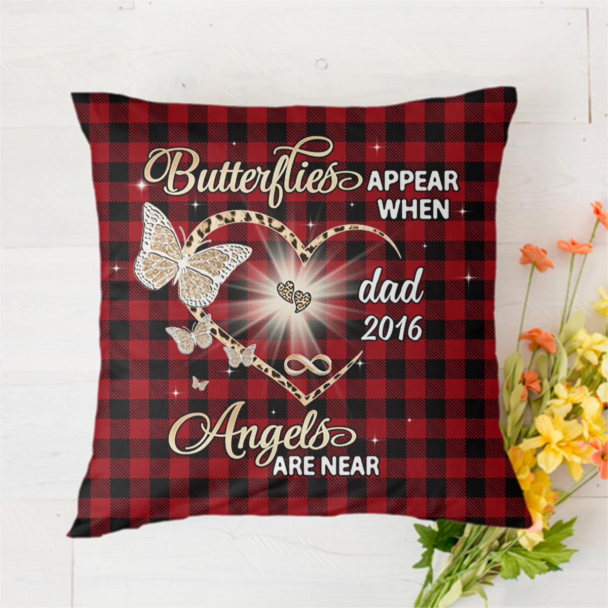 Butterfly Heart Leopard Checkered Memorial  Personalized Polyester Linen Pillow