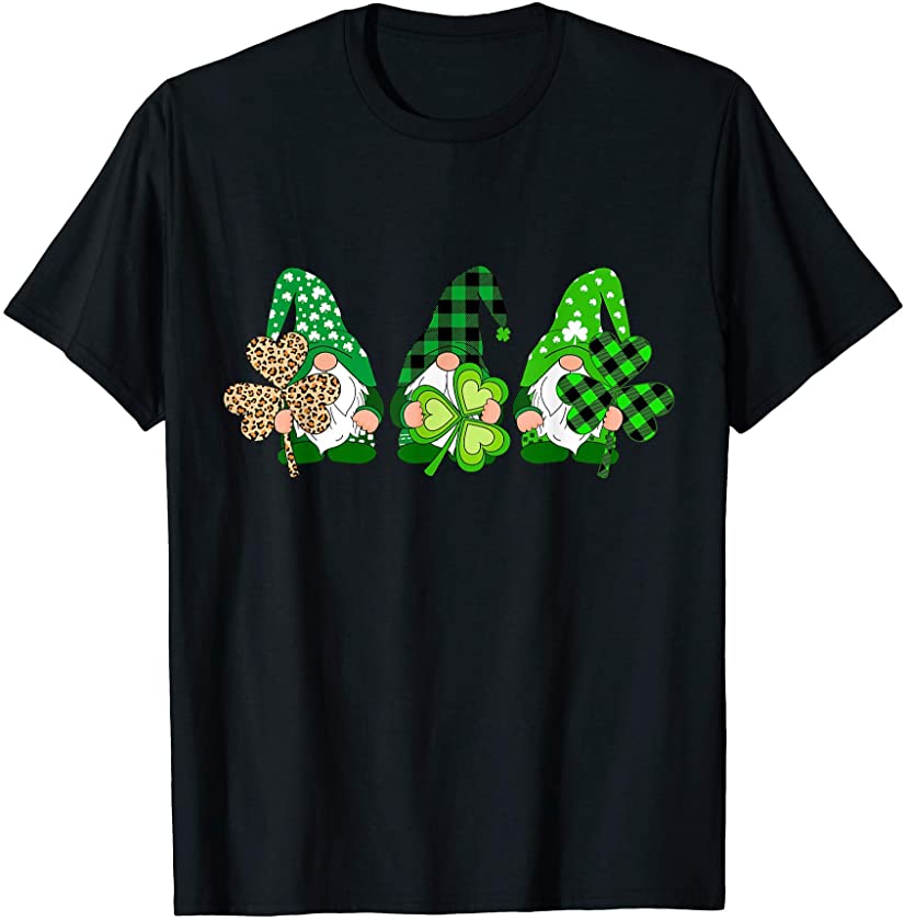 Three Gnomes Holding Shamrock Plaid Leopard St Patrick’s Day T-Shirt