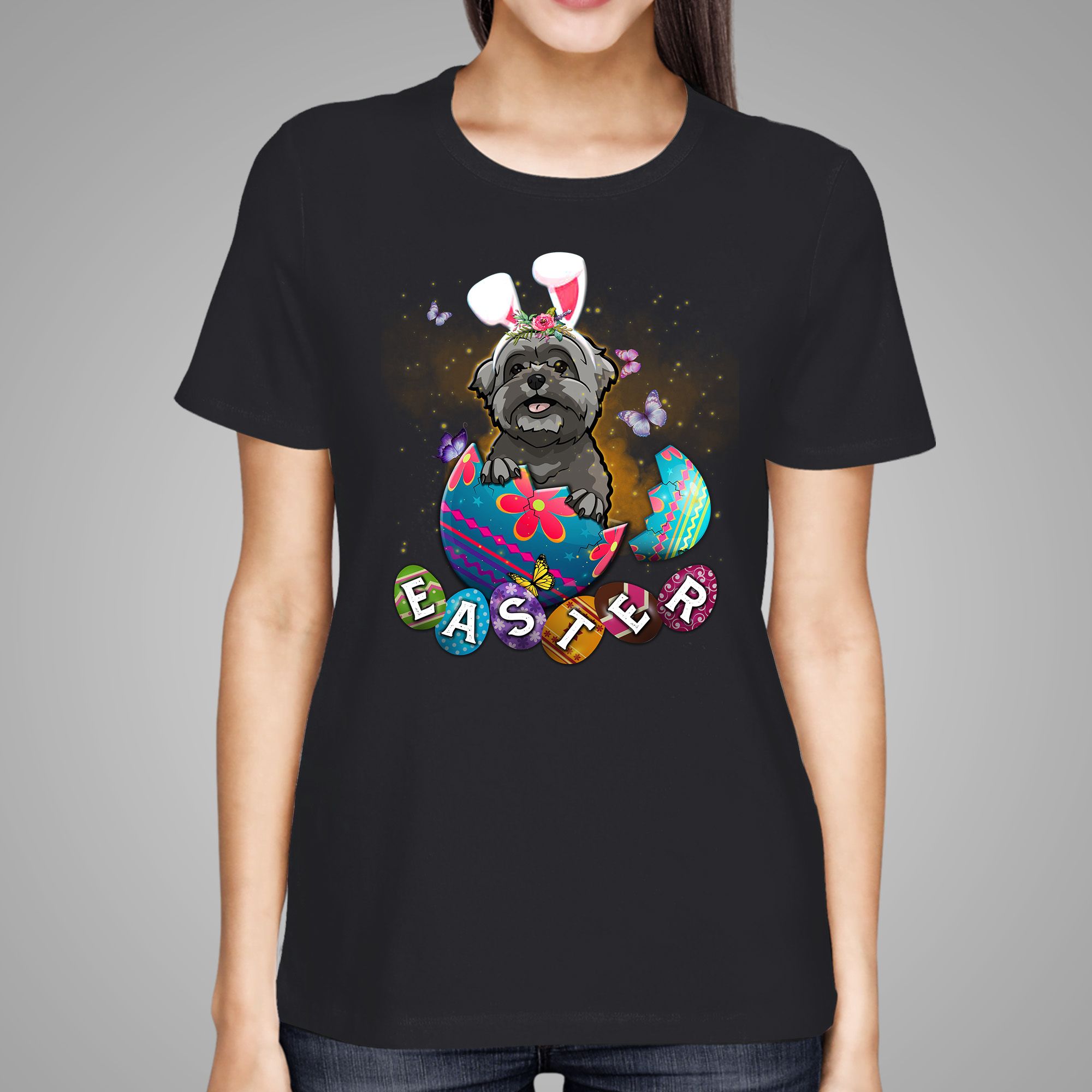 Bunny Headband Shih Tzu Colorful Eggs 2D Shirt For Girls On Easter Day