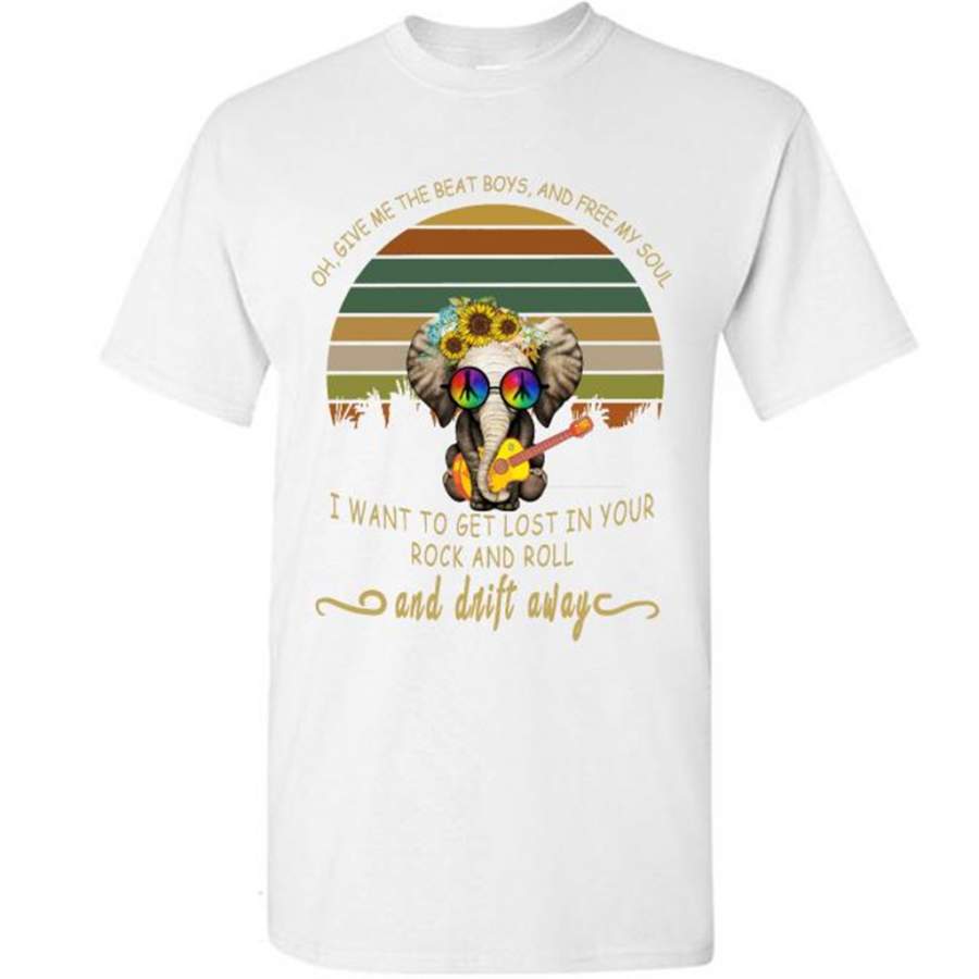 Oh, Give Me The Beat Boys, And Free My Soul I Want To Get Lost In Your Rock And Roll And Drift Away, Peace Sign, Elephant Classic Floral Design – Gildan Short Sleeve Shirt