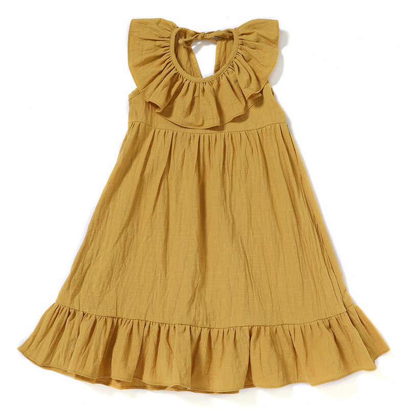 Baby Girls Dress Summer Solid Color Cotton Linen Ruffles A-Line Princess Long Dresses Children Casual Beach Kids Clothes Skirt alx