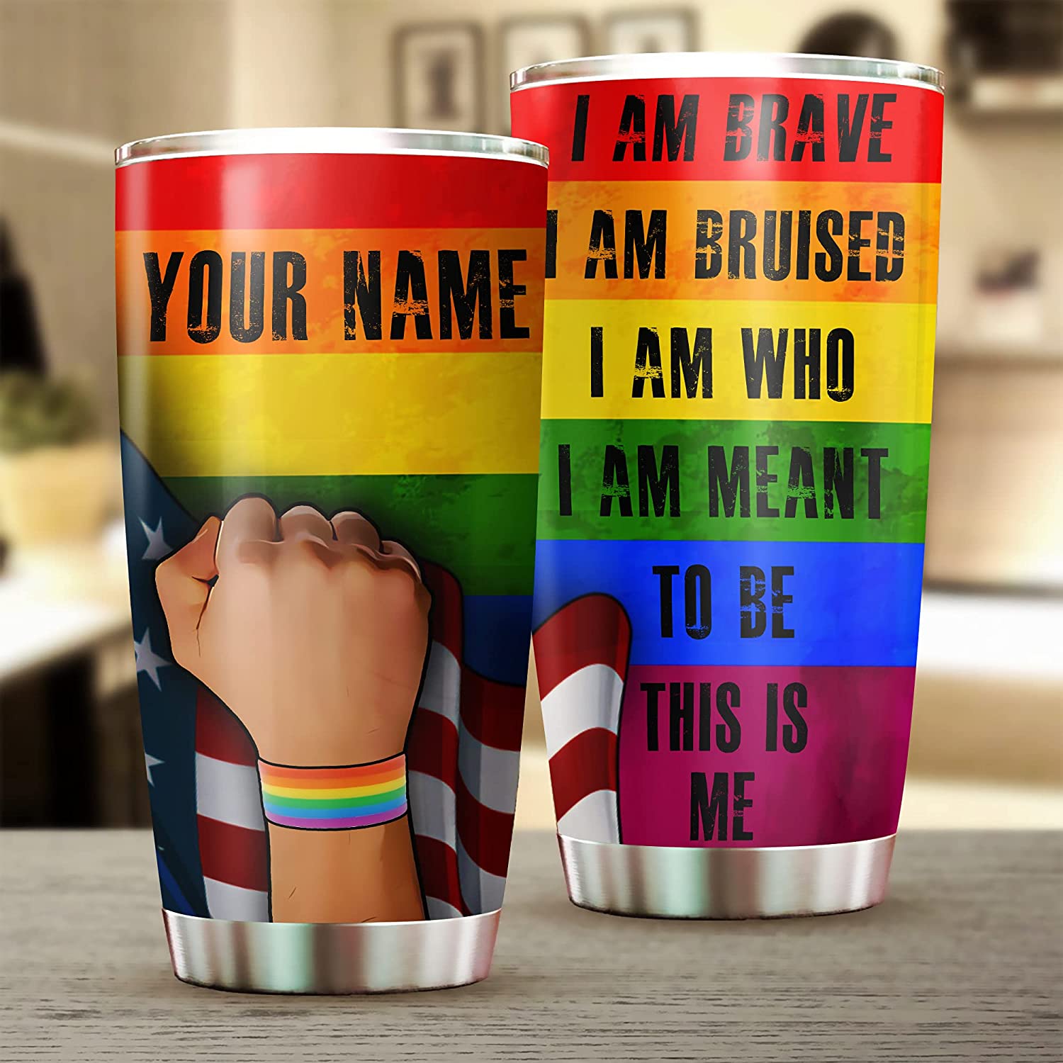 Personalized Pride Month Tumbler I Am Who I Am Meant To Be This Is Me, Gay Pride Tumbler Rainbow Flag Travel Tumbler Cup Lesbian Bisexual Gift