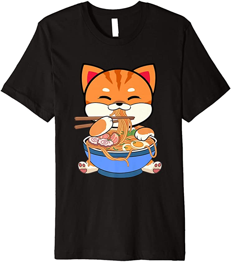 Cat Eating Ramen Noodles Funny Kawaii Foodie Kitten Premium T-Shirt