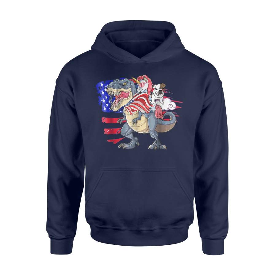 Bulldog Unicorn Ride T-Rex 4th Of July Flag Gift Hoodie