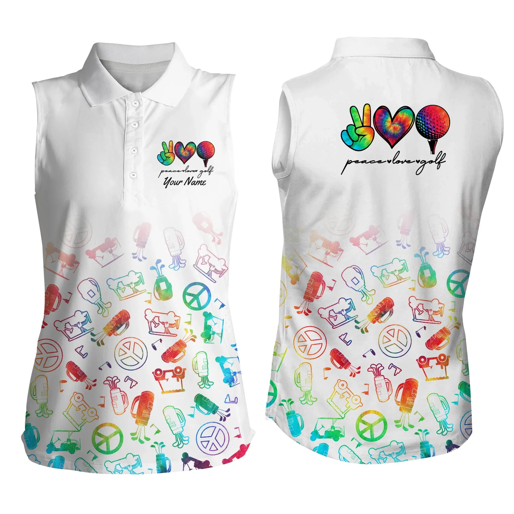 Custom Watercolor Peace Love Golf Women’S Sleeveless Polo Shirts, Personalized Golf Shirt For Women