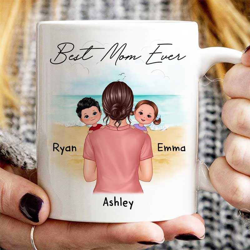 Mom Carrying Kids On Shoulder Best Mom Ever Beach Landscape Personalized Mug