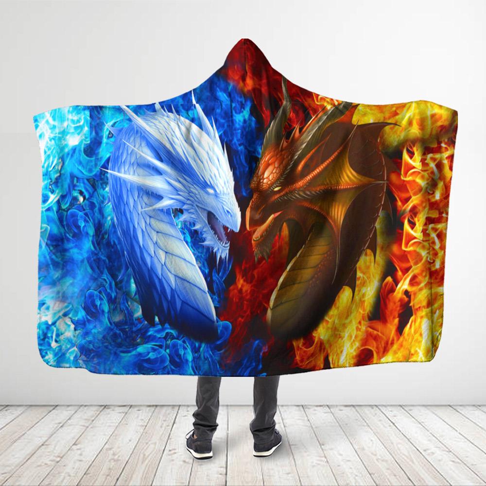 Viticstore™ Ice and Fire Dragons – 3XL red fire and blue ice 3D All Over Print Hooded Blanket for Dragon Lovers