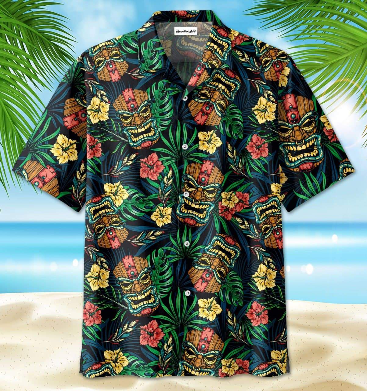 Hawaii Aloha Shirts Tiki Green Tropical Ha70464