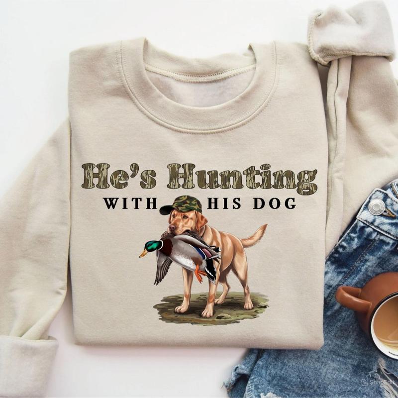 He’s Hunting with His Labrador Retriever Dog Unisex Crewneck Sweater, Hunting Camo Bottomland Duck Hunt Shirt