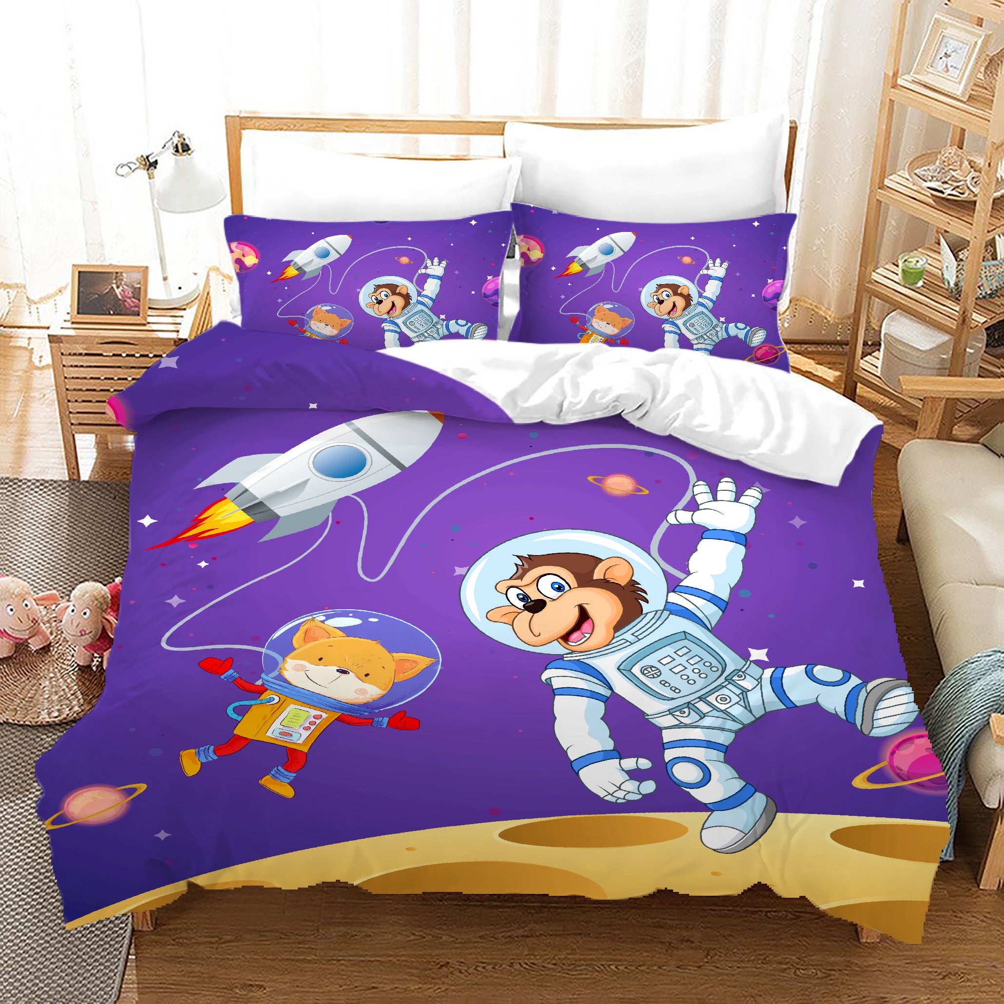 3D Cartoon Animal Astronaut Rocket Quilt Cover Set Bedding Set Duvet Cover Pillowcases A679 Lqh