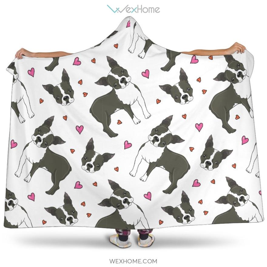 Boston Terrier Dog Hearts Vector Pattern Hooded Blanket