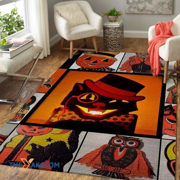 Cat Owl Pumpkin Collection Happy Halloween Rectangle Area Rug Floor Decor