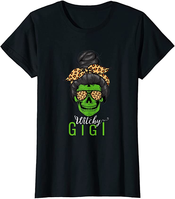 Womens Leopard Messy Bun Witchy Gigi Grandma Skull Halloween T-Shirt