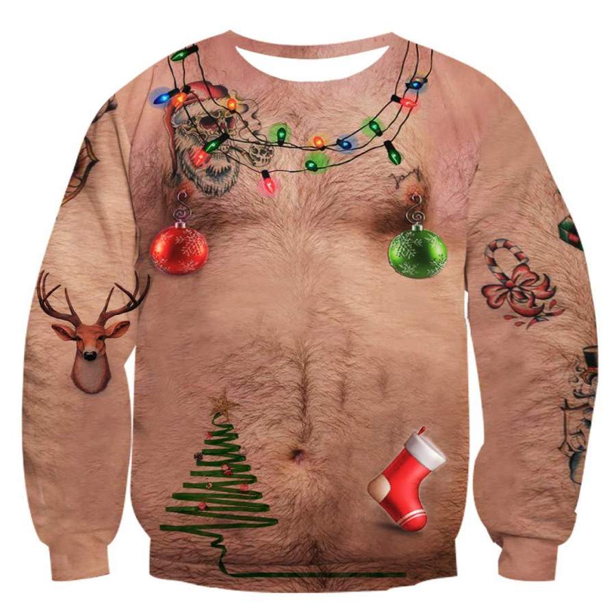 Ugly Christmas Chest Hair T Shirt Funny X-mas Party Graphic Sweatshirts