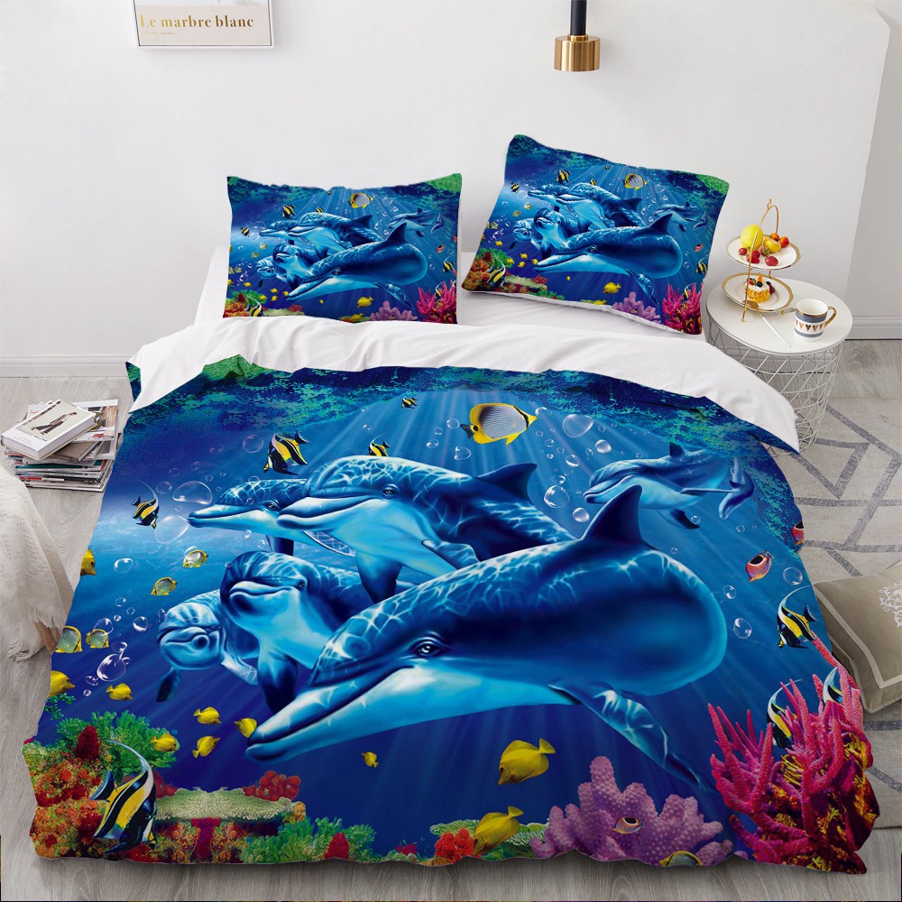 3D Bedding Sets Sea Dolphin Blue Duvet Quilt Cover Set Bed Pillowcase King Queen Full Size Home Texitle Duvet Covers