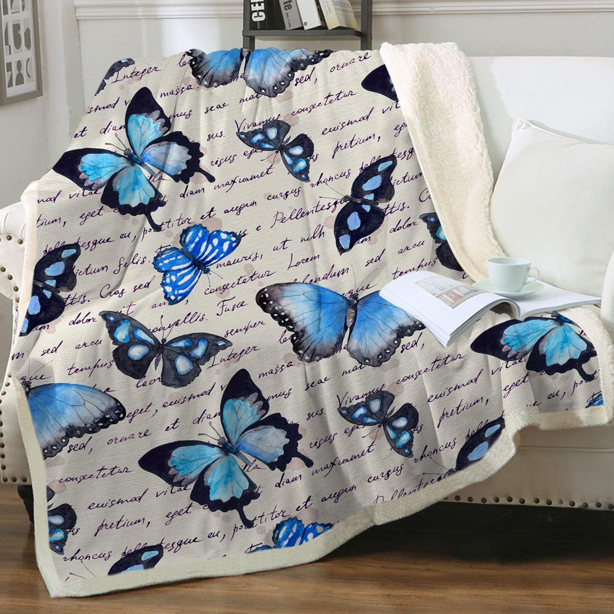 Butterfly Blankets Fuzzy Throws Vintage Blue Butterflies Throw Blanket For Adults Women Teen Girls Retro Sherpa Fleece Plush Blanket For Bed Couch Sofa (50″X60″)