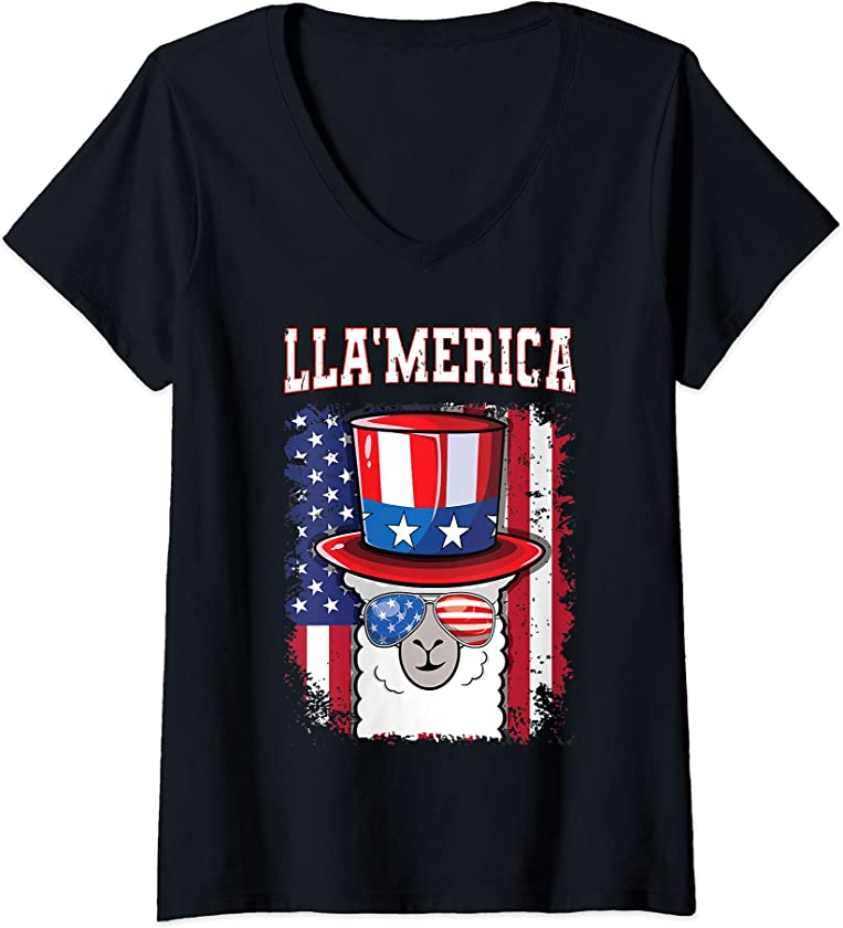 Womens 4th of July Llama USA Patriotic Animal Lovers America V-Neck T-Shirt