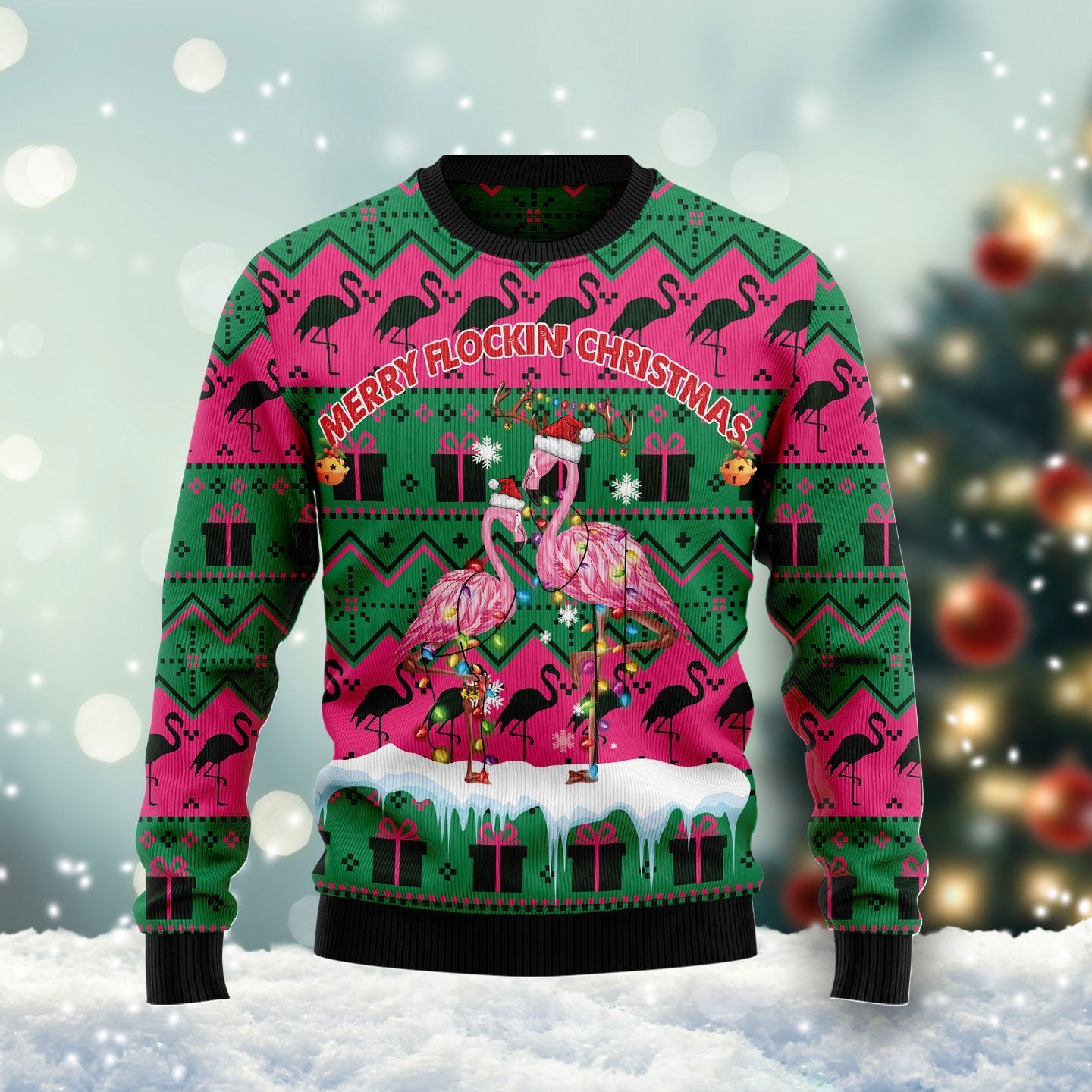 Merry Flockin‘ Christmas Flamingo Ugly Christmas Sweater | For Men & Women | Adult | Us6074