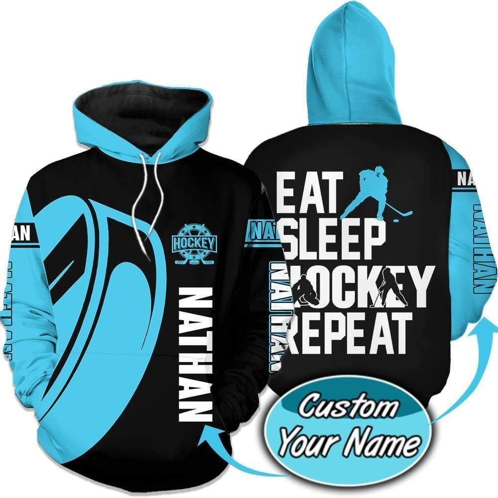 Eat Sleep Hockey Repeat Black Blue Basic Personalized 3D Printed Sublimation Hoodie Hooded Sweatshirt Comfy Soft And Warm For Men Women S to 5XL CTC16011339