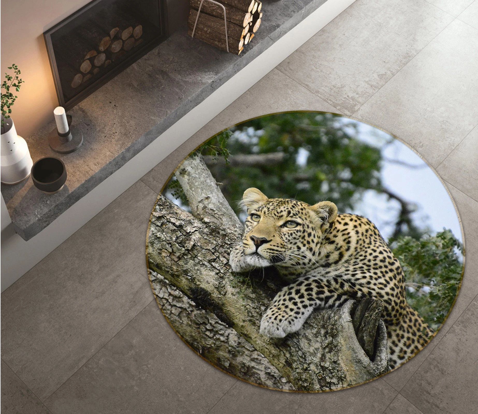 Tired Leopard Lying On Trunk Printed Round Rug – Round Carpet Home Decor