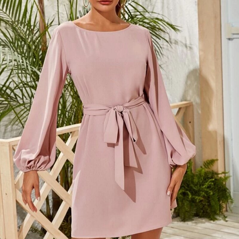 Allukasa Women Chiffon Dress Long Sleeve Fashion Loose Casual Solid Color O Neck Mini Dresses Lady Tie Waist A Line Dress Vestir alx