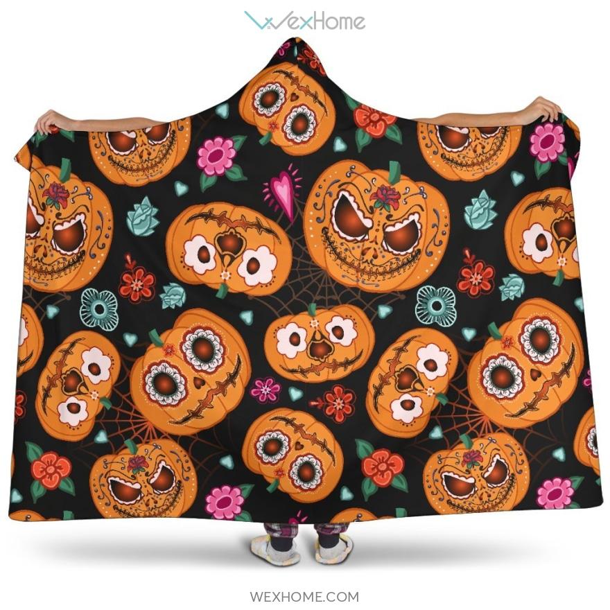 Pumpkin Flowers Spiderweb Halloween Theme Hooded Blanket