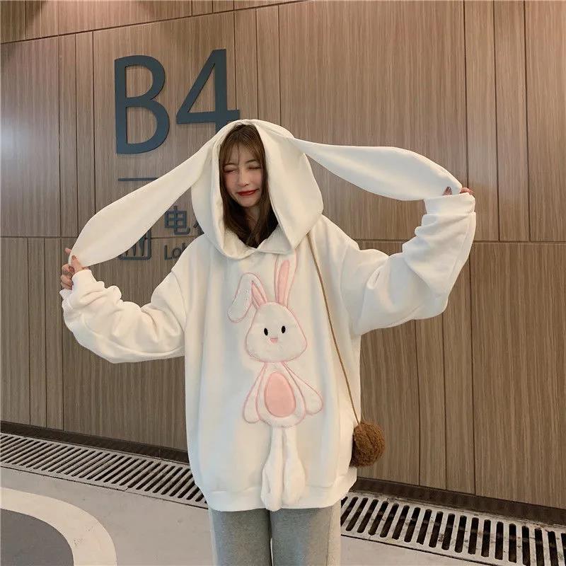 Bunny Ears Sweatshirt Women College Style Kawaii Hoodies Autumn Oversized Cute Rabbit Sweatshirt Female Harajuku Streetwear Tops alx