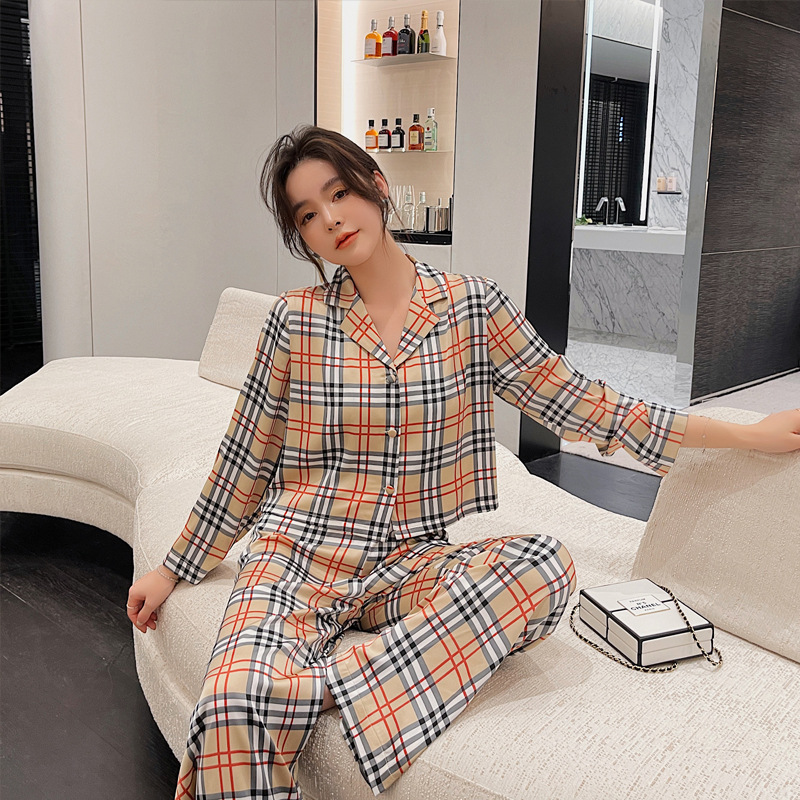 Women’s Pajamas Set Silk Like Homewear Plaid Letter Print Sleepwear Casual Ins Style Nightie V Neck Nightwear New пижама женская alx