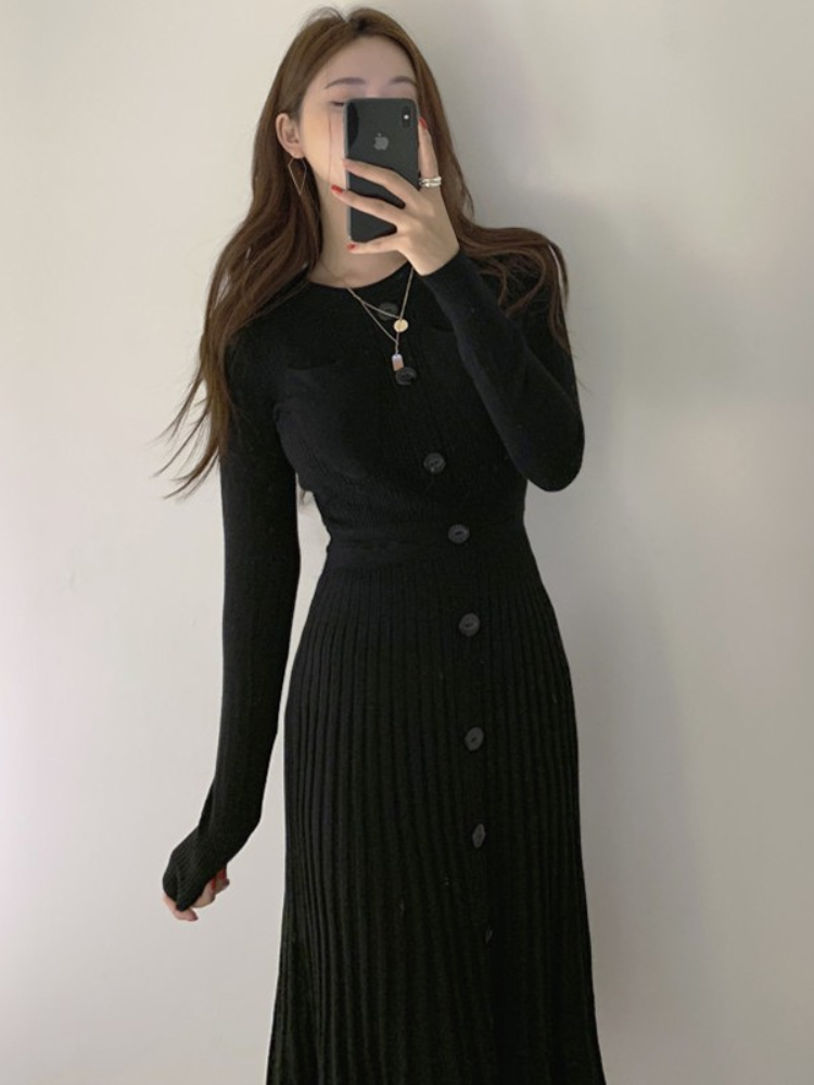 Vintage Korean Casual Knitting Midi Dresses for Women Buttons Knitted Sweater Dress Elegant Pleated Femme Autumn Winter 2022 alx