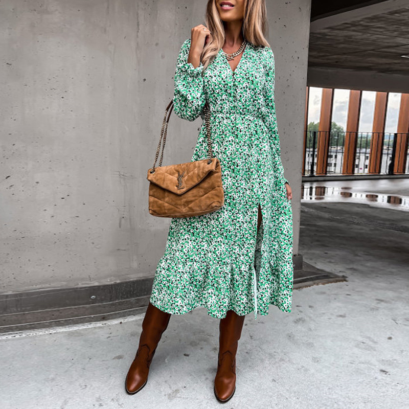 Women Floral Print V Neck Side Slit Party Dress Spring Autumn Long Sleeve Elegant Ladies Sexy Elastic Waist Slim Dress Vestidos alx