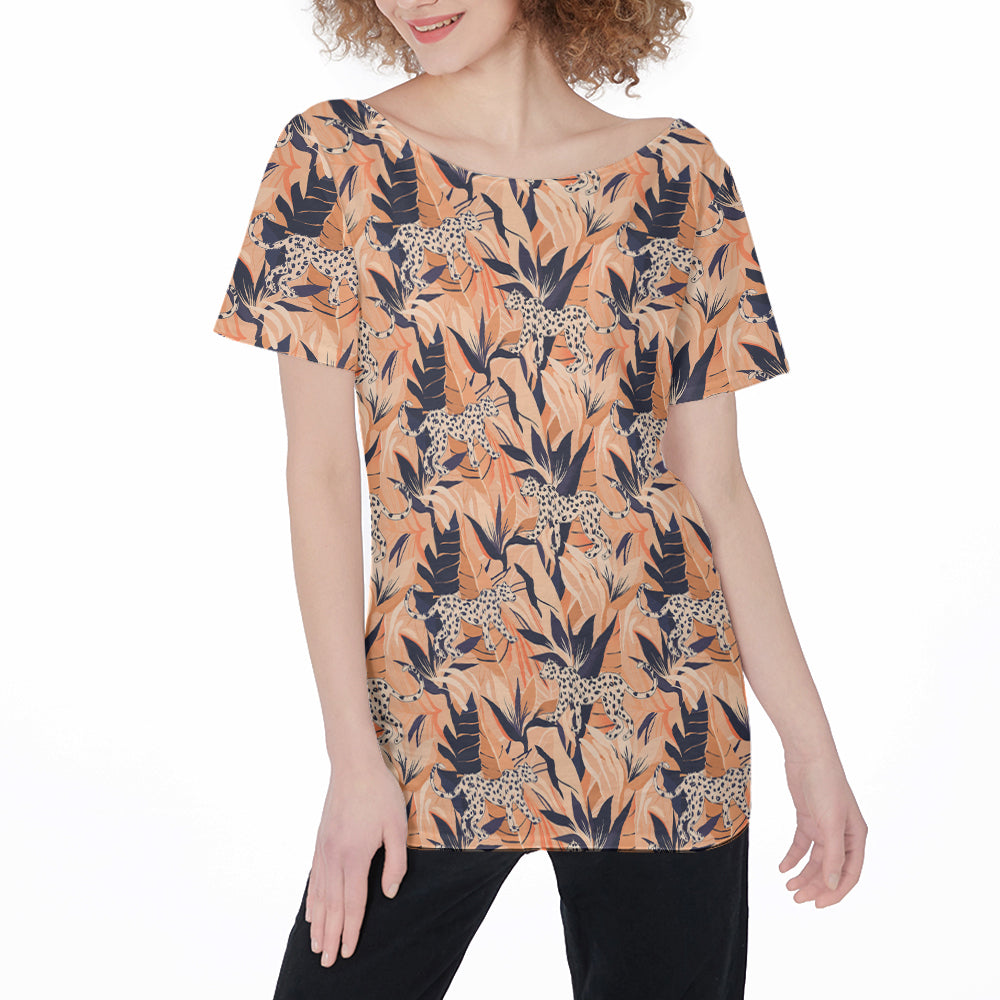 Abstract Jungle Pattern Leopard Off Shoulder T-Shirt