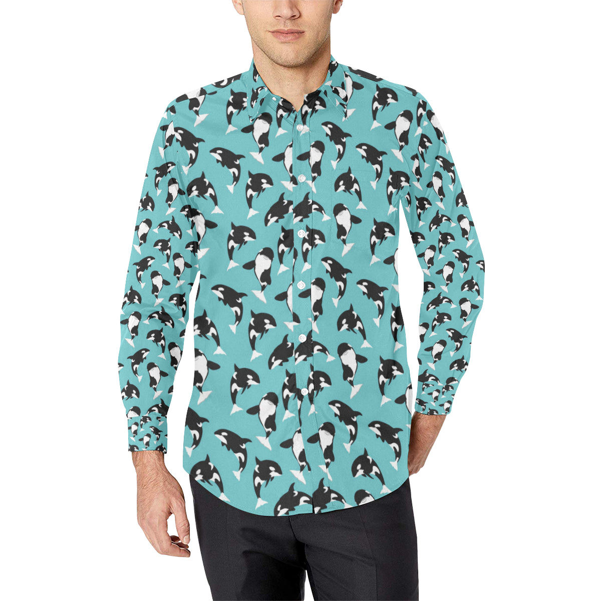 Whale Action Design Themed Print Long Sleeve Dress Shirt