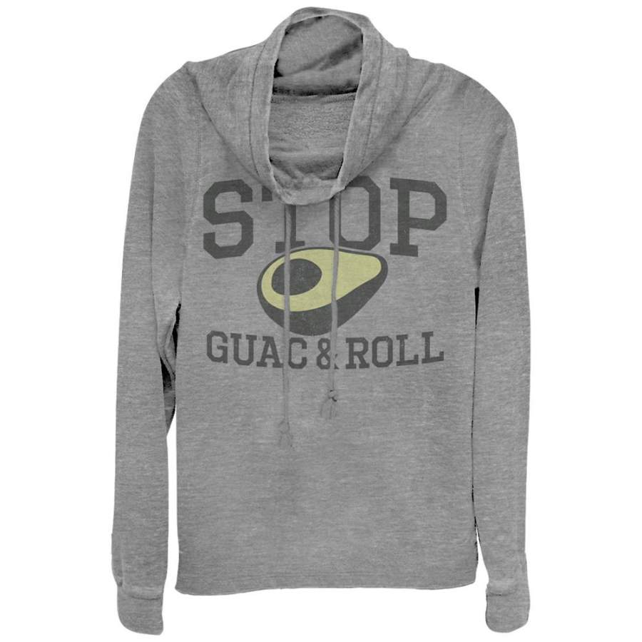 CHIN UP Junior’s Stop Guac and Roll  Cowl Neck Sweatshirt Gray Heather